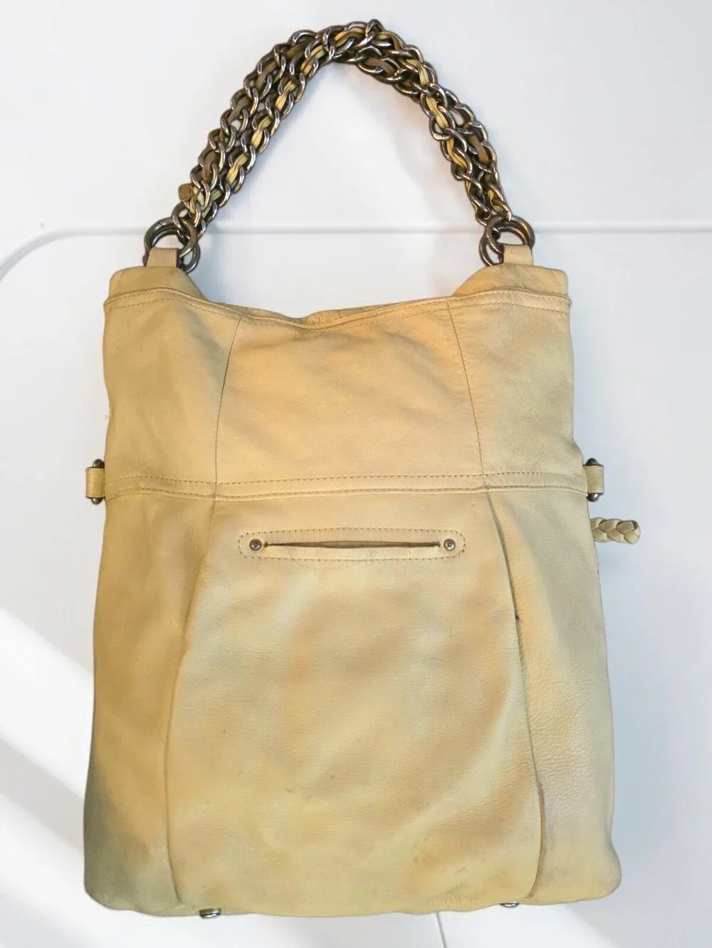 B Makowsky Butter Yellow Leather Hobo Shoulder Bag Chain Handle Y2K Large